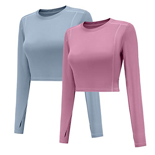 HIBETY 2 Pack Women’s Crop Top Long Sleeve Athletic Workout Yoga Shirts Cropped Sweatshirts with Thumb Hole(Light Blue/Pink-L)
