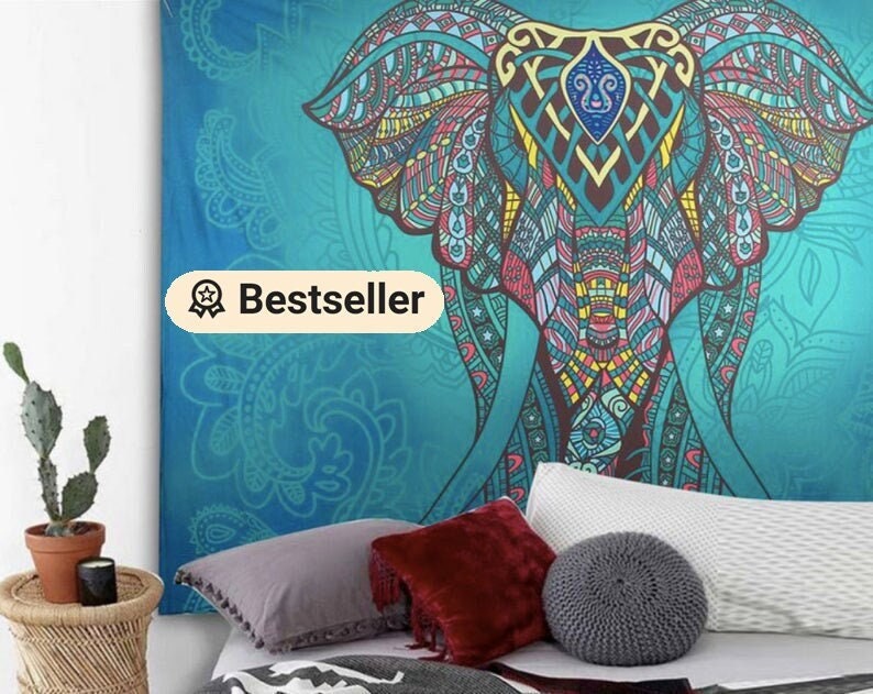 Tapestry Wall Hanging Elephant Tapestry Blue Wall Tapestry Psychedelic Hippie Bohemian Tapestry for Dorm Bedroom Home Decor (Blue Elephant)