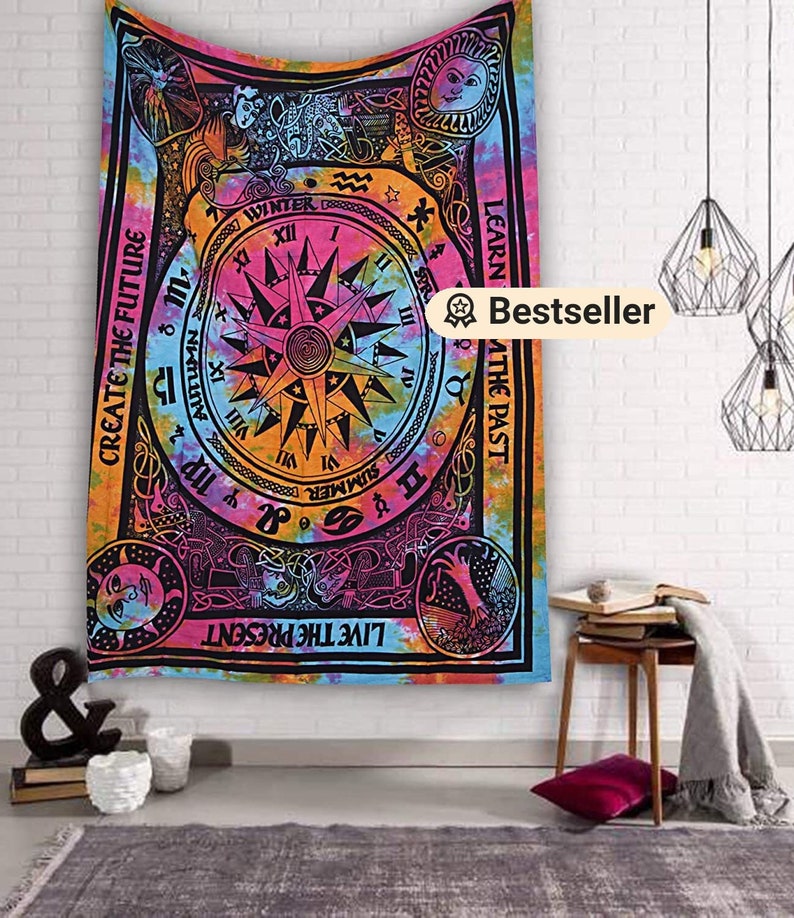 Wall Tapestry Compass Astrology Create The Future Tie Dye Hippie Mandala Boho Indian Tapestry Psychedelic Dorm Room Bedroom Decor Hanging