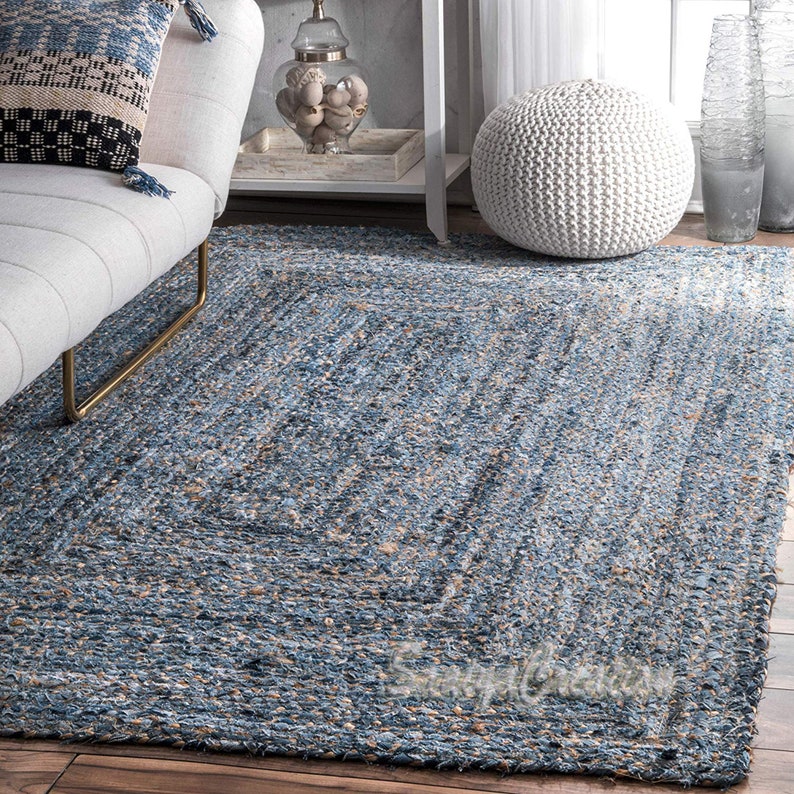 Denim Jute Home Decor Chindi Rug, Bohemian Style Floor Carpet In Rectangle Size 2X3" Rug, Area Rug, Boho Rag Rug, Yoga Mat Rugs Throw