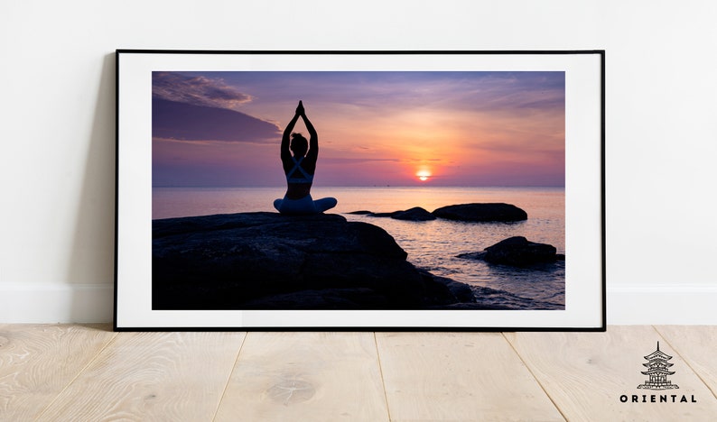 Yoga Session at Sunset Sea Beach Zen Pilates Meditation Oriental Wall Art Printable Poster Decor Prints Paint Instant Download