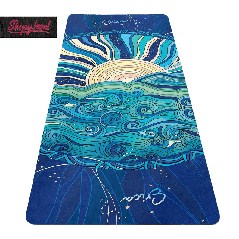 Sea Sun Personalized Yoga Rug, Sea Waves Fitness Mat, Pilates mat, Professional Yoga Mat with Strap, Hand Drawn Sunset Yoga Mat, Y186
