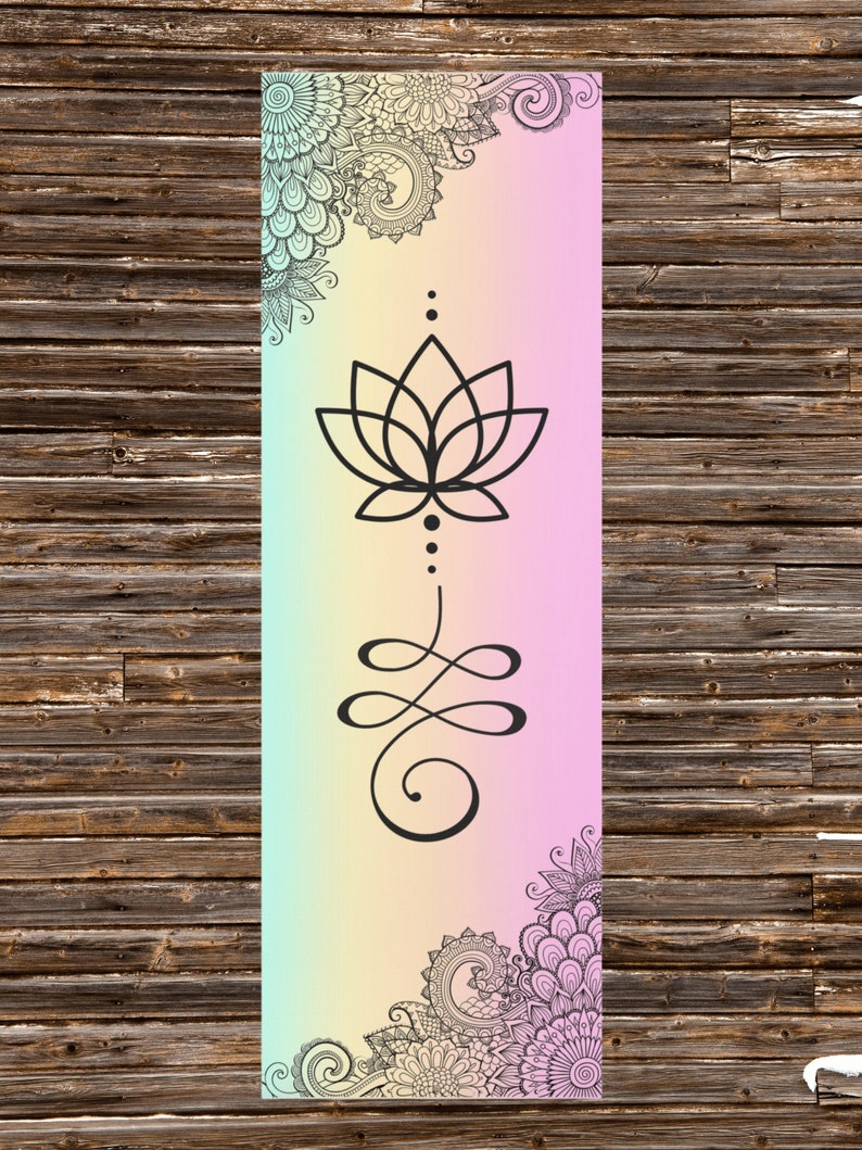 Lotus Flower Unalome Foam Yoga Mat, Mandala Flowers Unalome Spiritual Yoga Mat, Rainbow Meditation and Pilates Mat, Fitness Gift for Her
